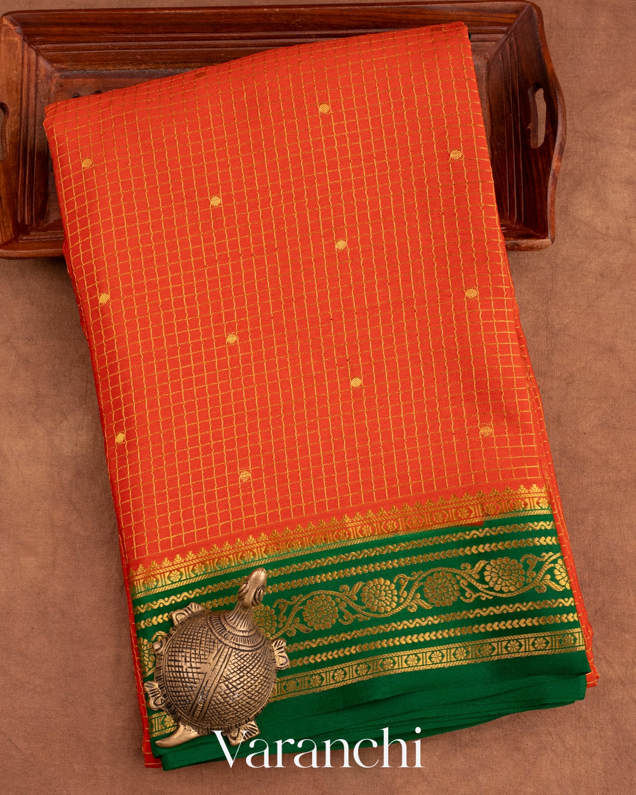 Dark Orange Pure Mysore Crepe Silk Saree