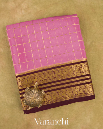 Mauve Pink Checkered Pure Mysore Crepe Silk Saree