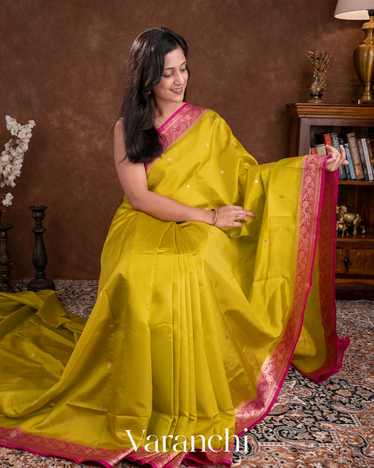 Olive Yellow Pure Katan Silk Handloom Saree