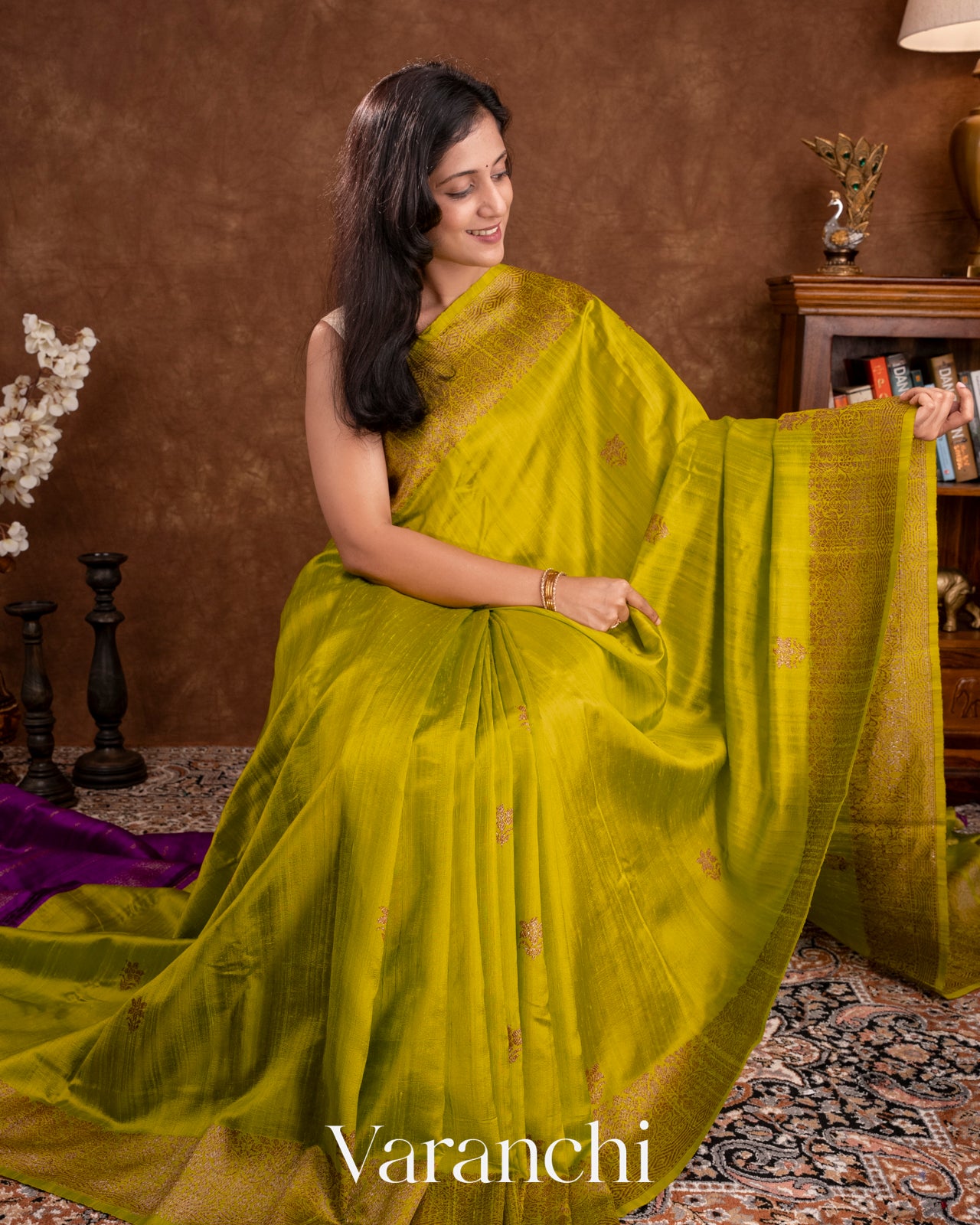 Olive Yellow Pure Raw Silk Handloom Saree