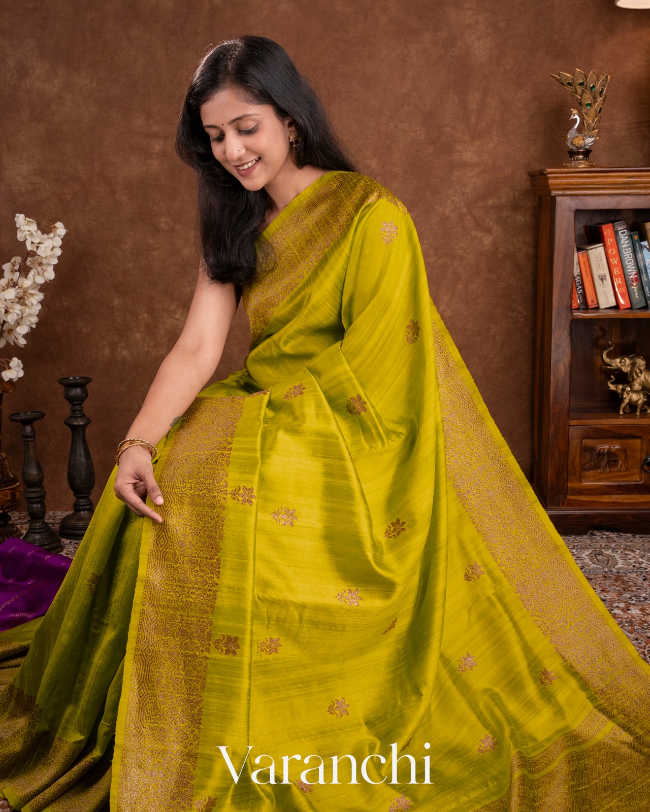 Olive Yellow Pure Raw Silk Handloom Saree