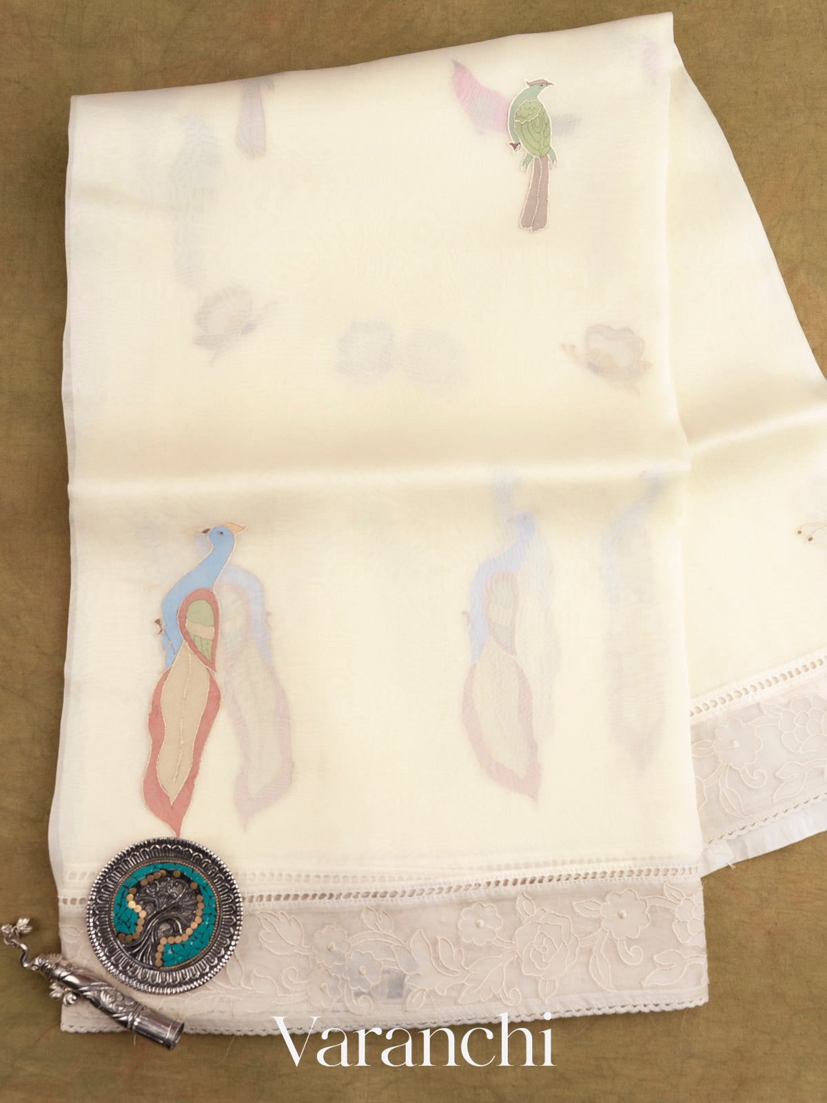 Off-White Bird Applique Pure Kora Silk Saree