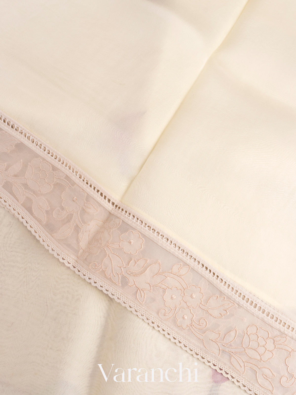 Off-White Bird Applique Pure Kora Silk Saree
