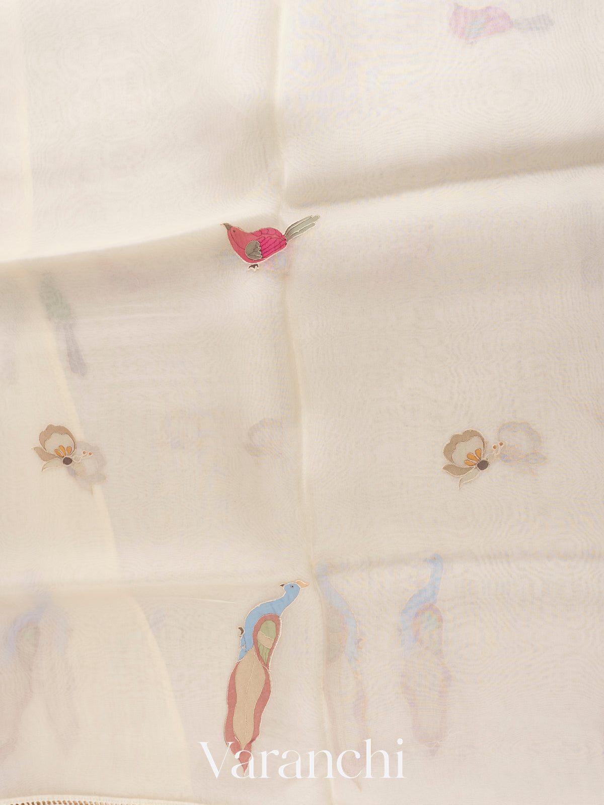 Off-White Bird Applique Pure Kora Silk Saree