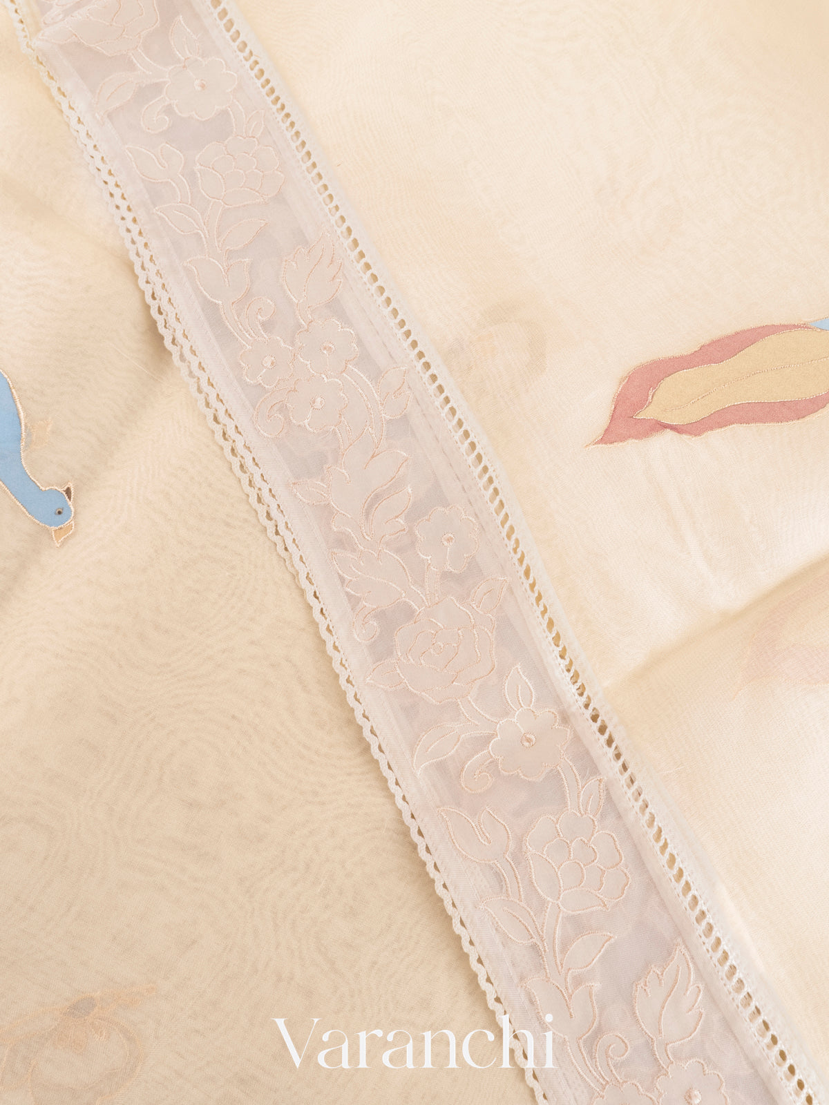 Off-White Bird Applique Pure Kora Silk Saree