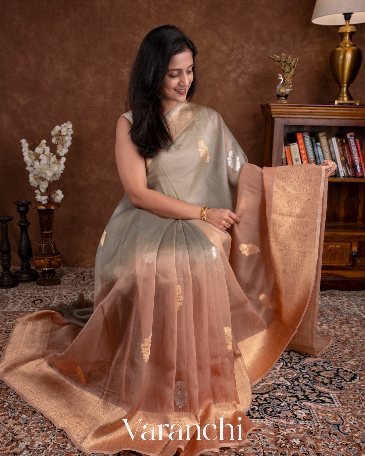 Dusty Peach Kora Silk Ombre-Dyed Handloom Saree