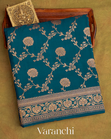 Dark Turquoise Blue Pure Crepe Silk Handloom Saree