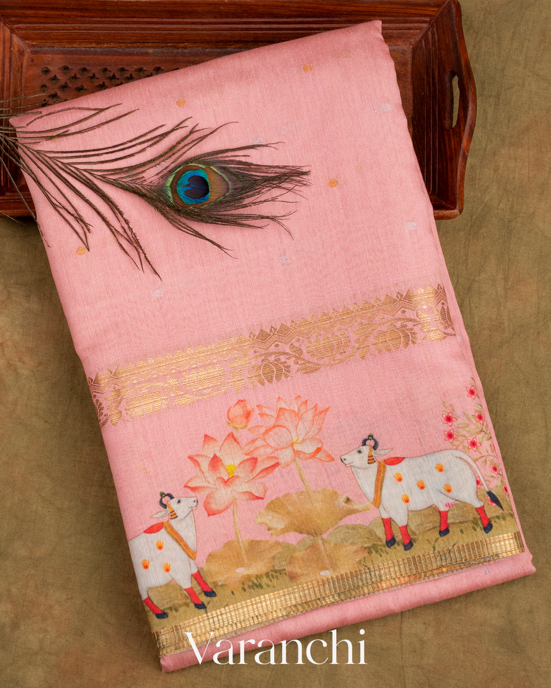 Pastel Pink Pichwai Printed Pure Moonga Silk Saree