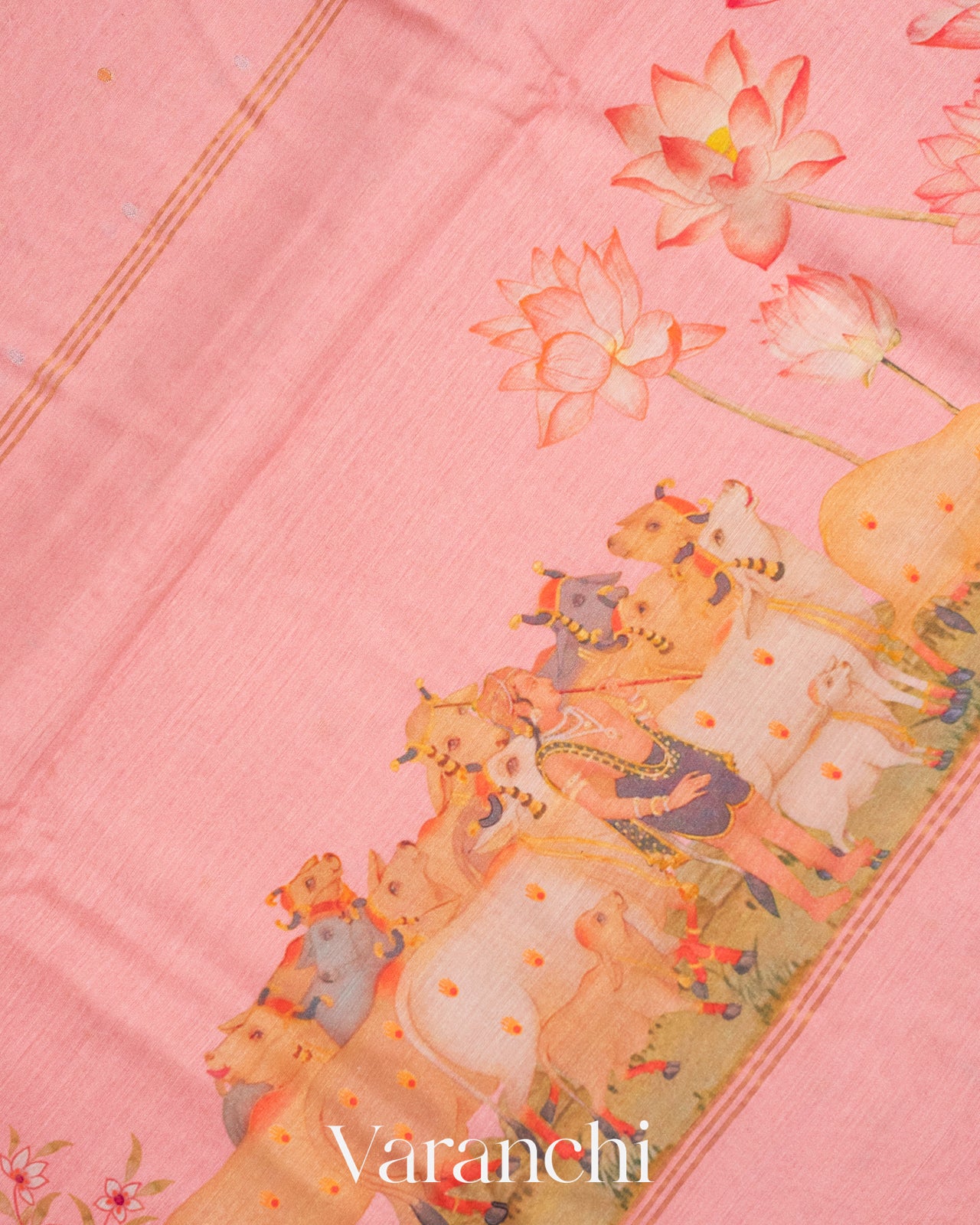 Pastel Pink Pichwai Printed Pure Moonga Silk Saree