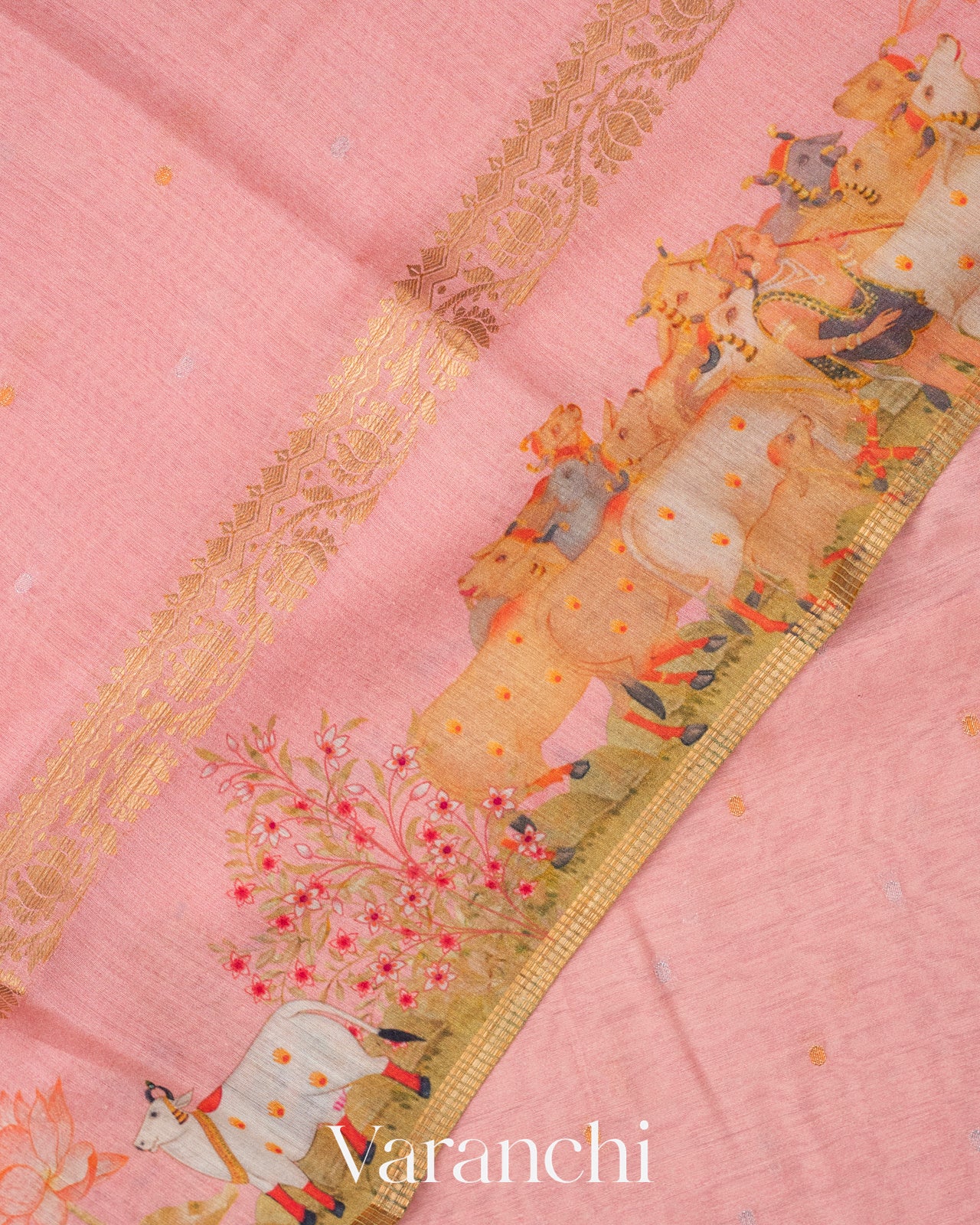 Pastel Pink Pichwai Printed Pure Moonga Silk Saree