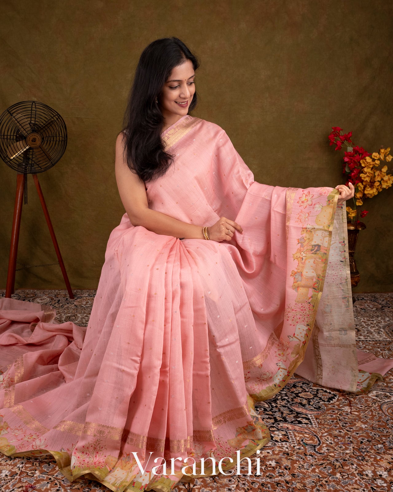 Pastel Pink Pichwai Printed Pure Moonga Silk Saree