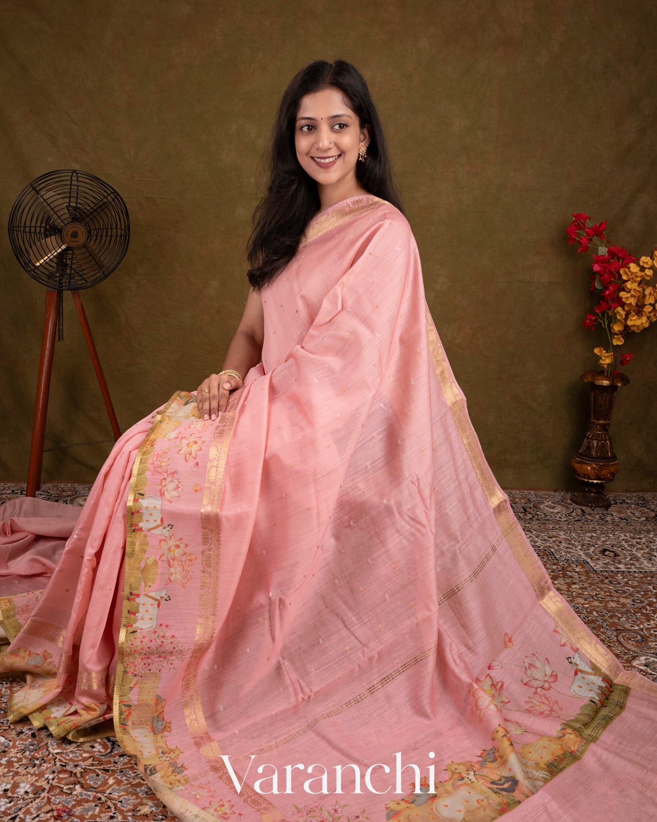 Pastel Pink Pichwai Printed Pure Moonga Silk Saree