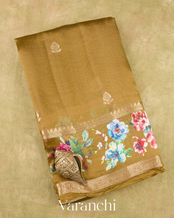 Mehandi Brown Floral Printed Pure Poona Silk Saree
