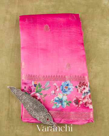 Pink Floral Printed Pure Poona Silk Saree