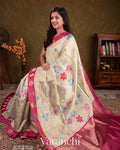 Off White Floral Printed Pure Raw Mango Silk Handloom Saree