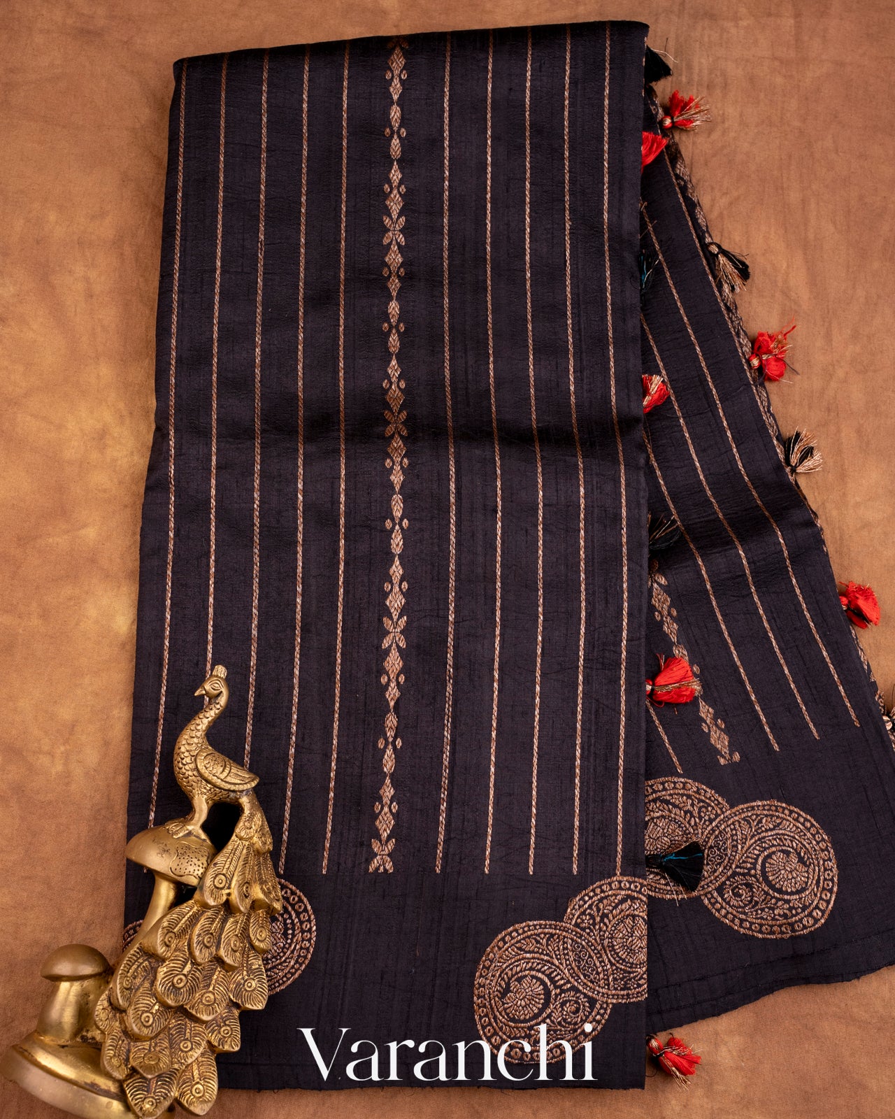 Jet Black Pure Raw Silk Handloom Saree