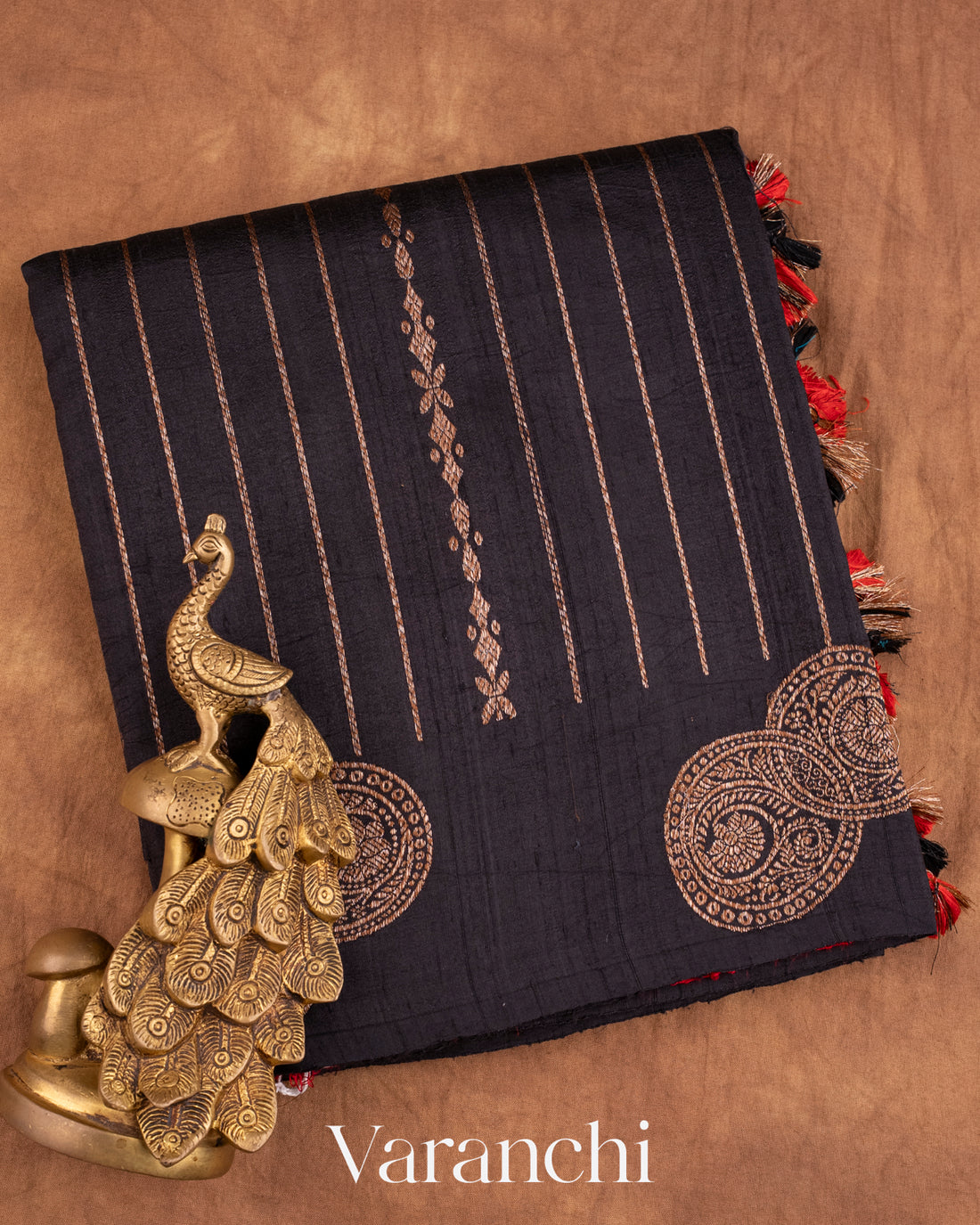 Jet Black Pure Raw Silk Handloom Saree