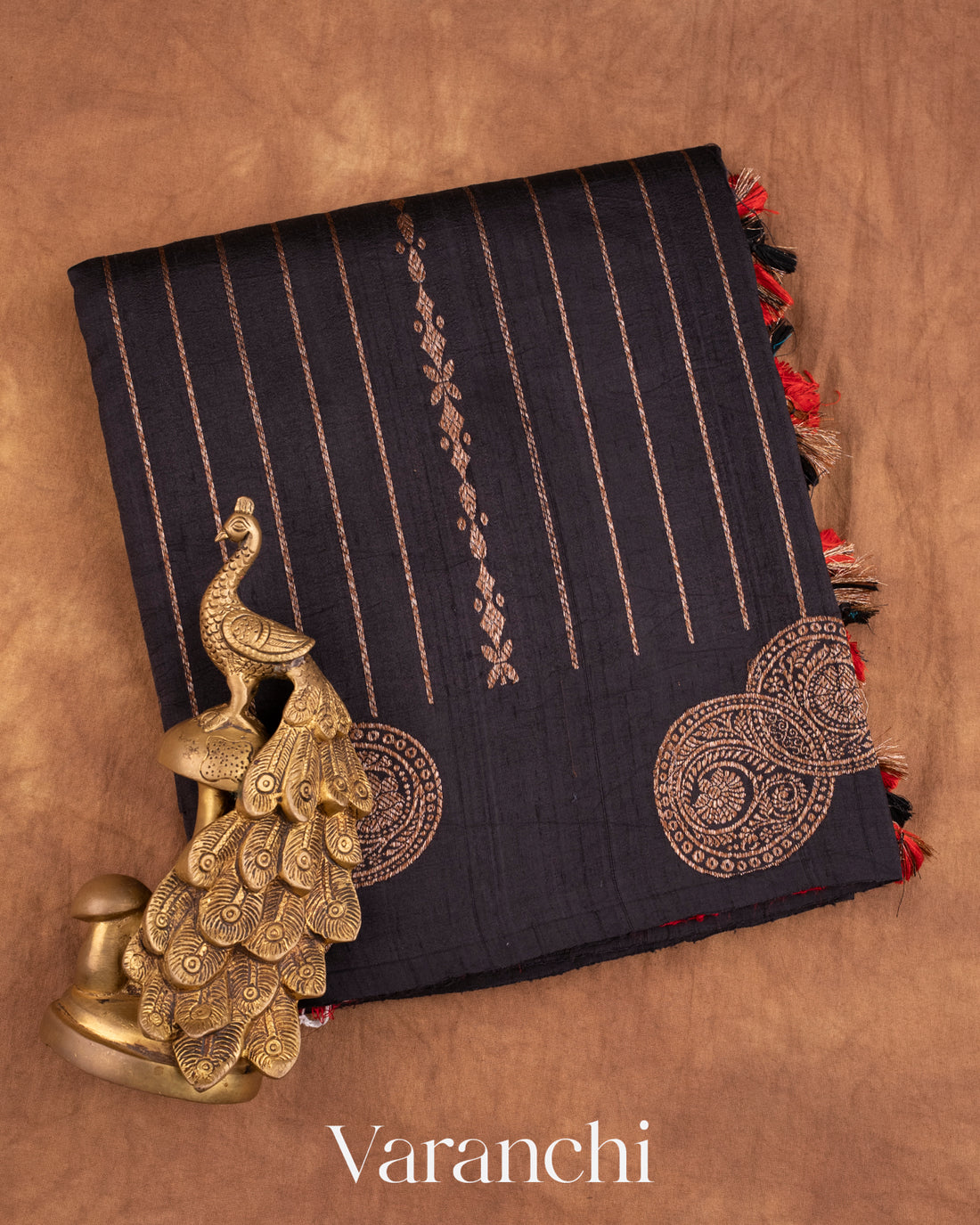 Jet Black Pure Raw Silk Handloom Saree