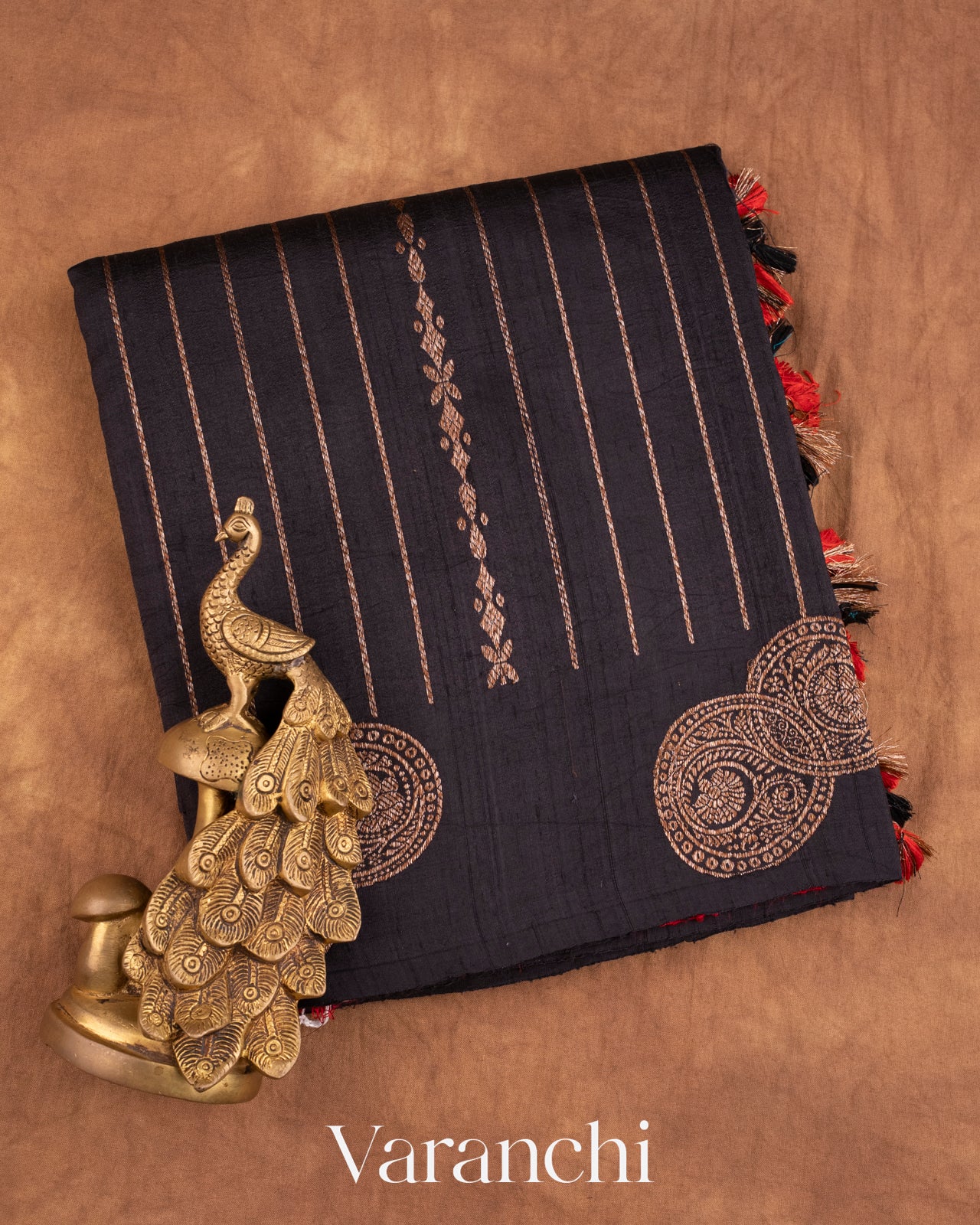 Jet Black Pure Raw Silk Handloom Saree