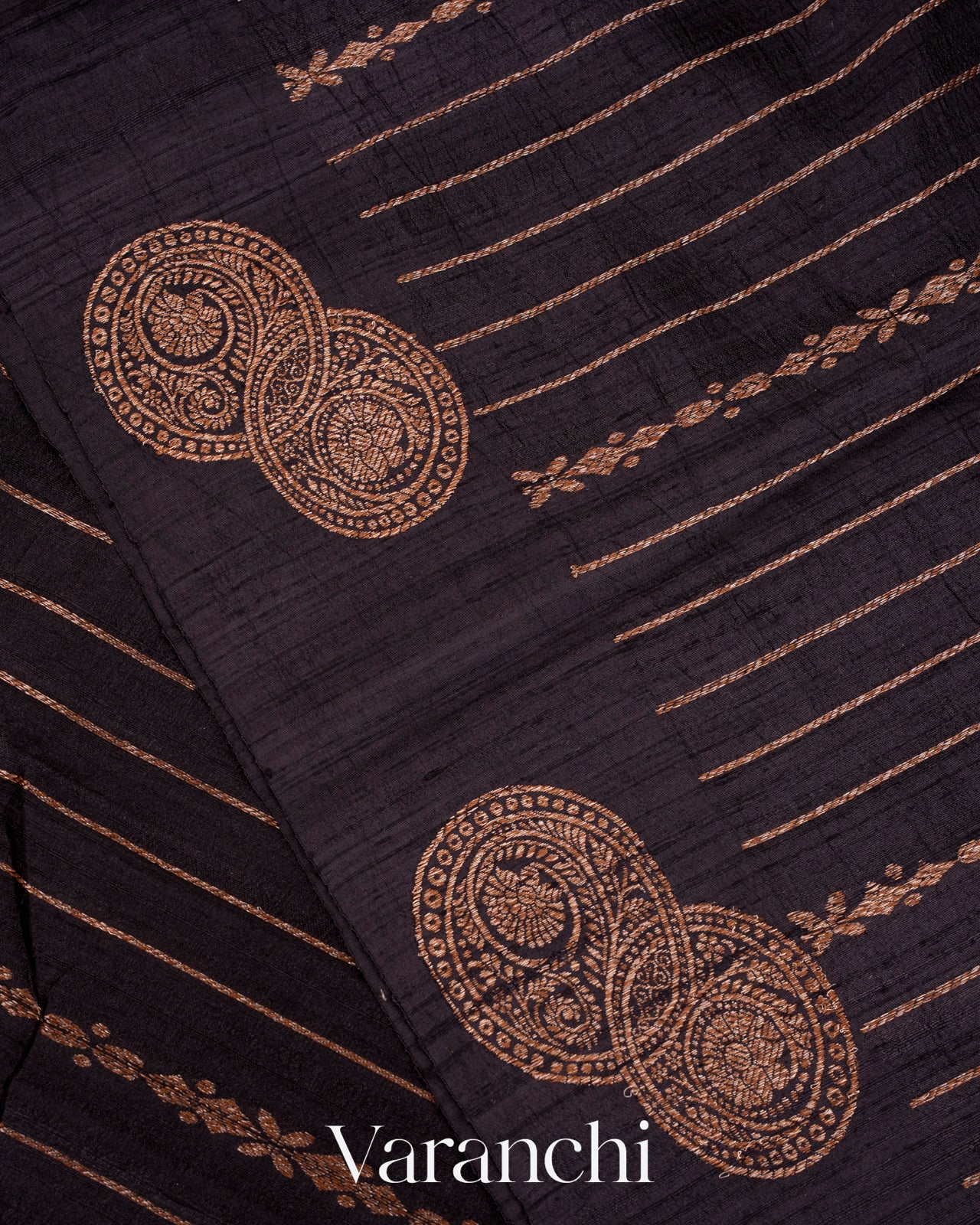Jet Black Pure Raw Silk Handloom Saree
