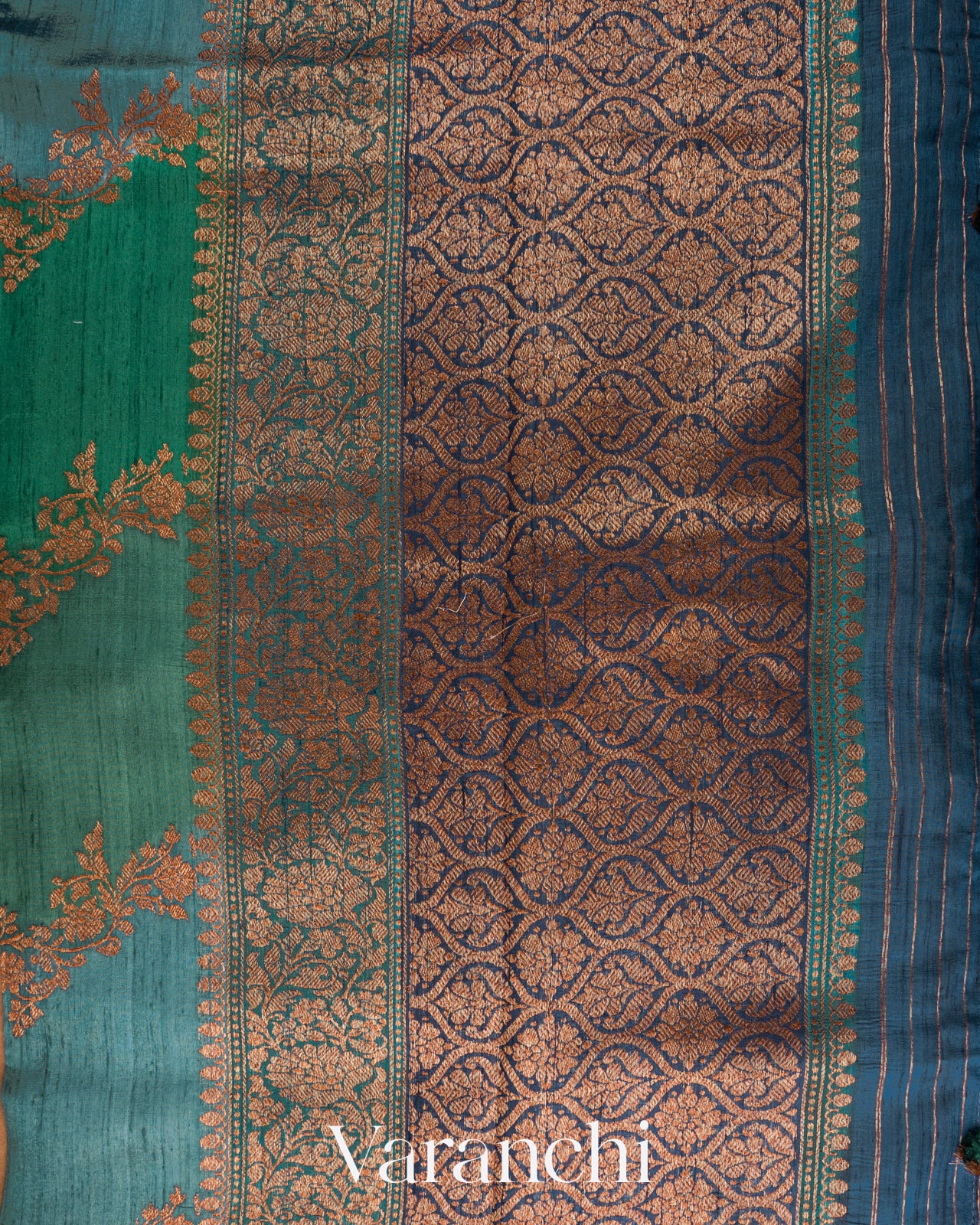Green and Blue Tricolour Rangkaat Pure Raw Silk Handloom Saree