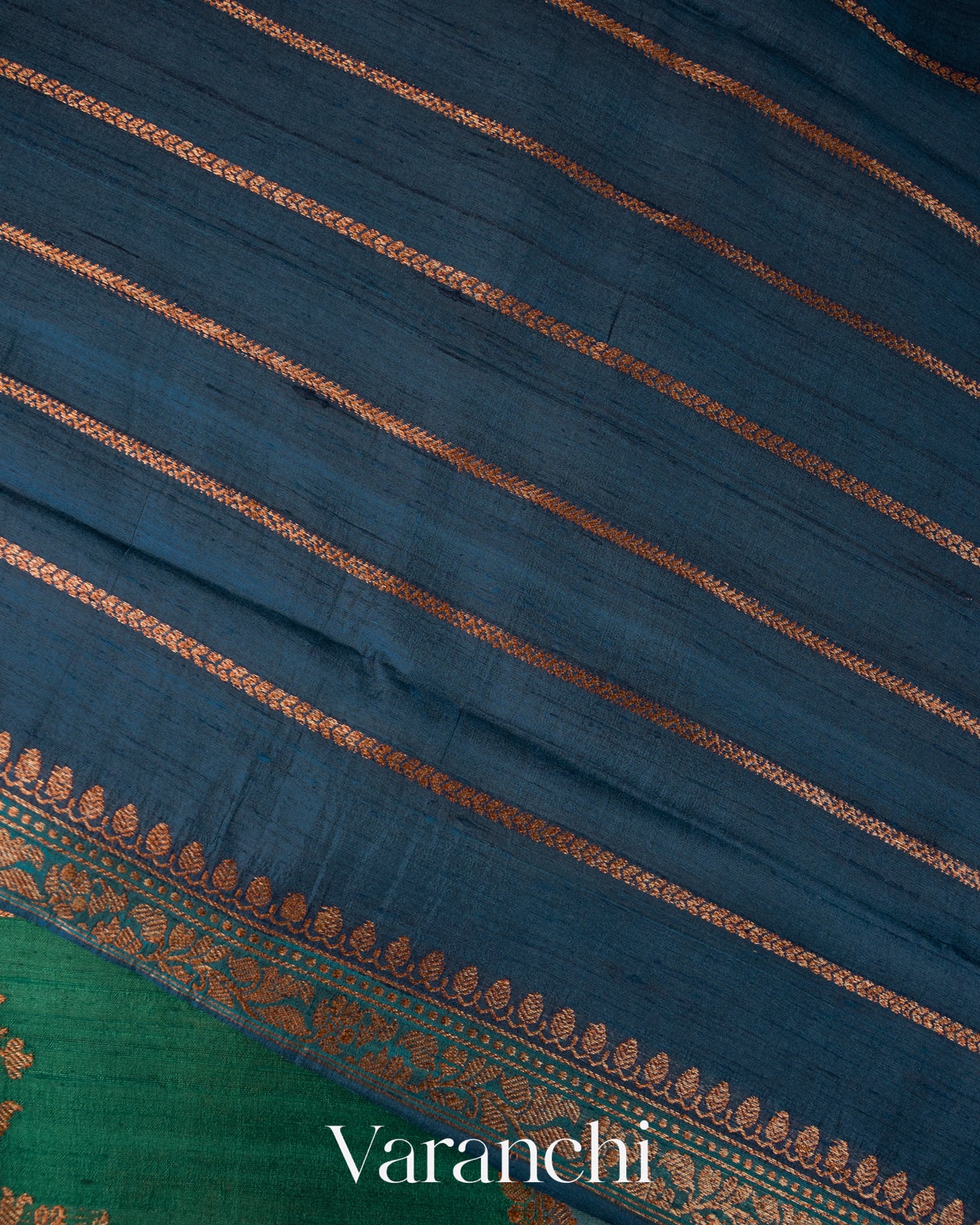 Green and Blue Tricolour Rangkaat Pure Raw Silk Handloom Saree