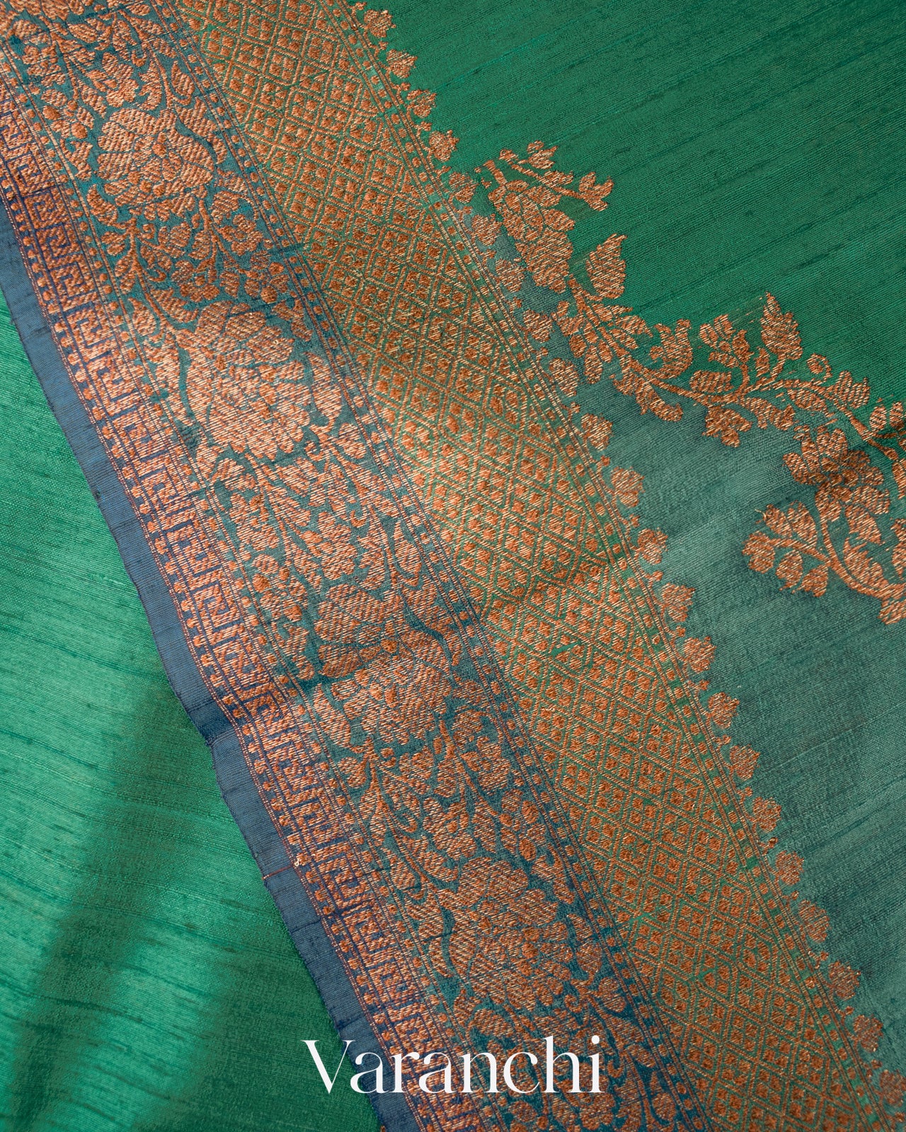 Green and Blue Tricolour Rangkaat Pure Raw Silk Handloom Saree