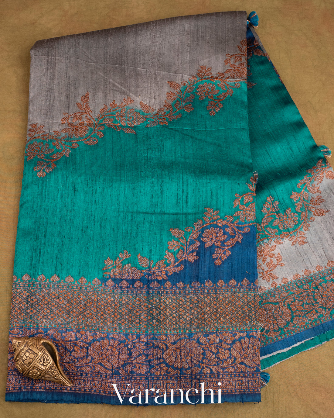 Blue Tricolour Rangkaat Pure Raw Silk Handloom Saree