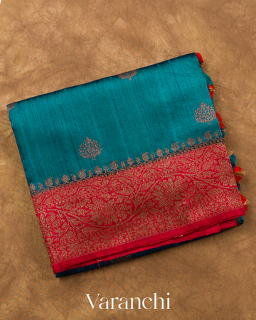 Teal Blue Pure Raw Silk Handloom Saree