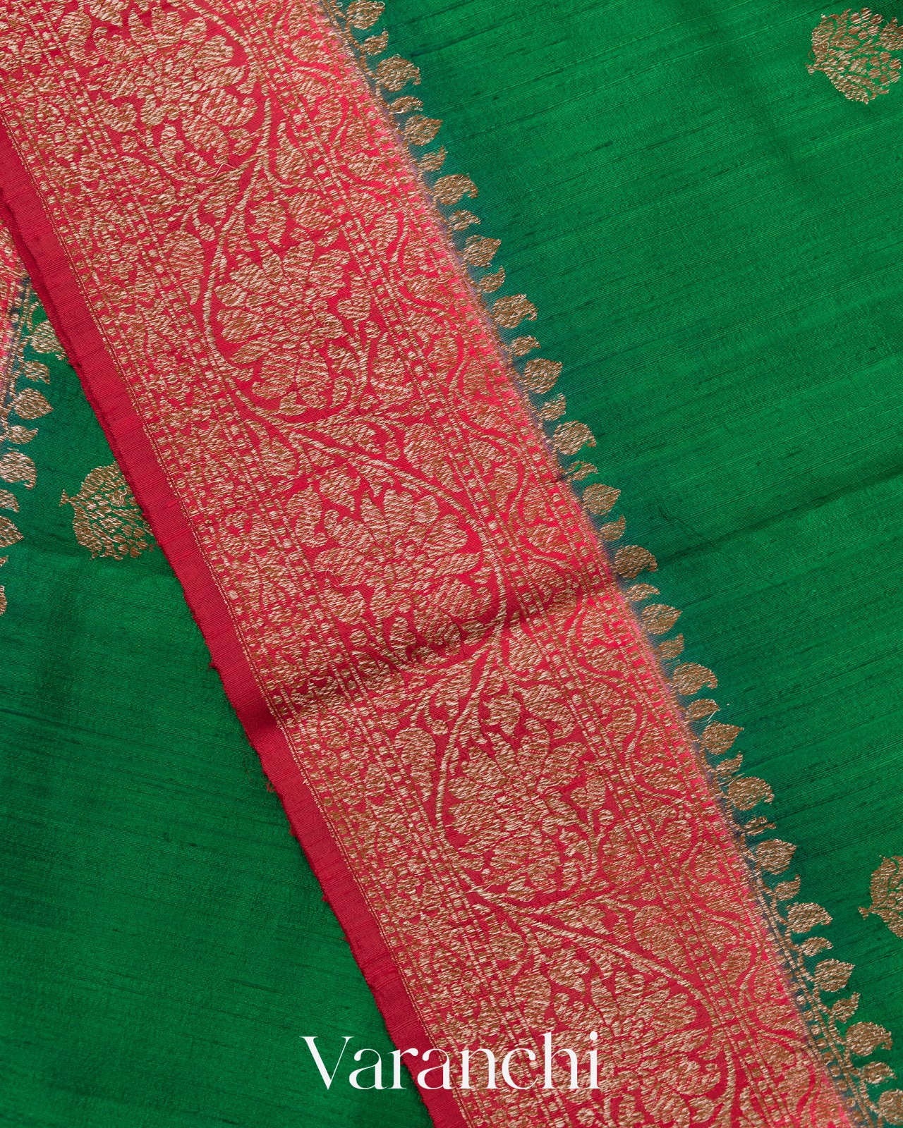 Emerald Green Pure Raw Silk Handloom Saree