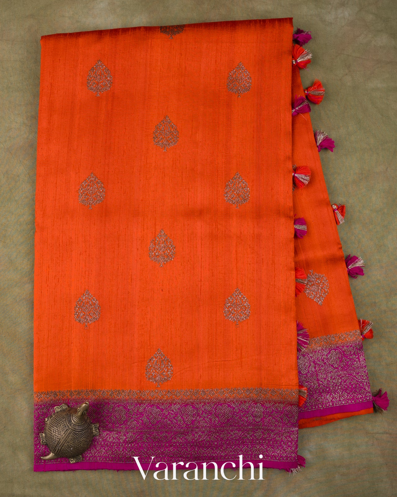 Burnt Orange Pure Raw Silk Handloom Saree