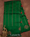 Bottle Green Borderless Striped Pure Raw Silk Handloom Saree