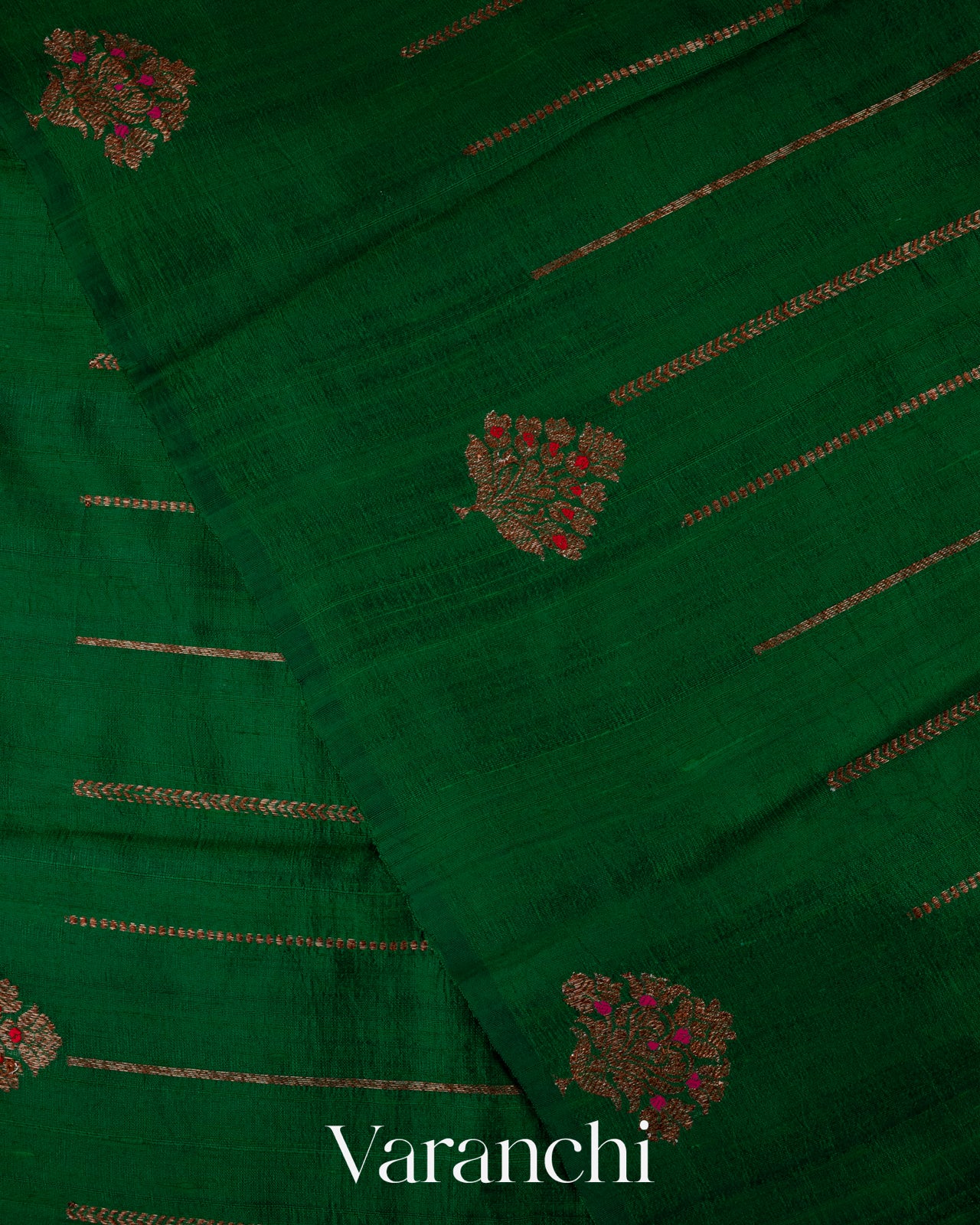 Bottle Green Borderless Striped Pure Raw Silk Handloom Saree