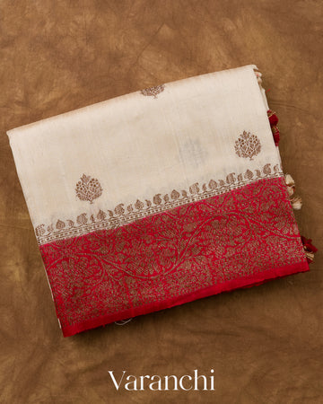 Pearl White Pure Raw Silk Handloom Saree