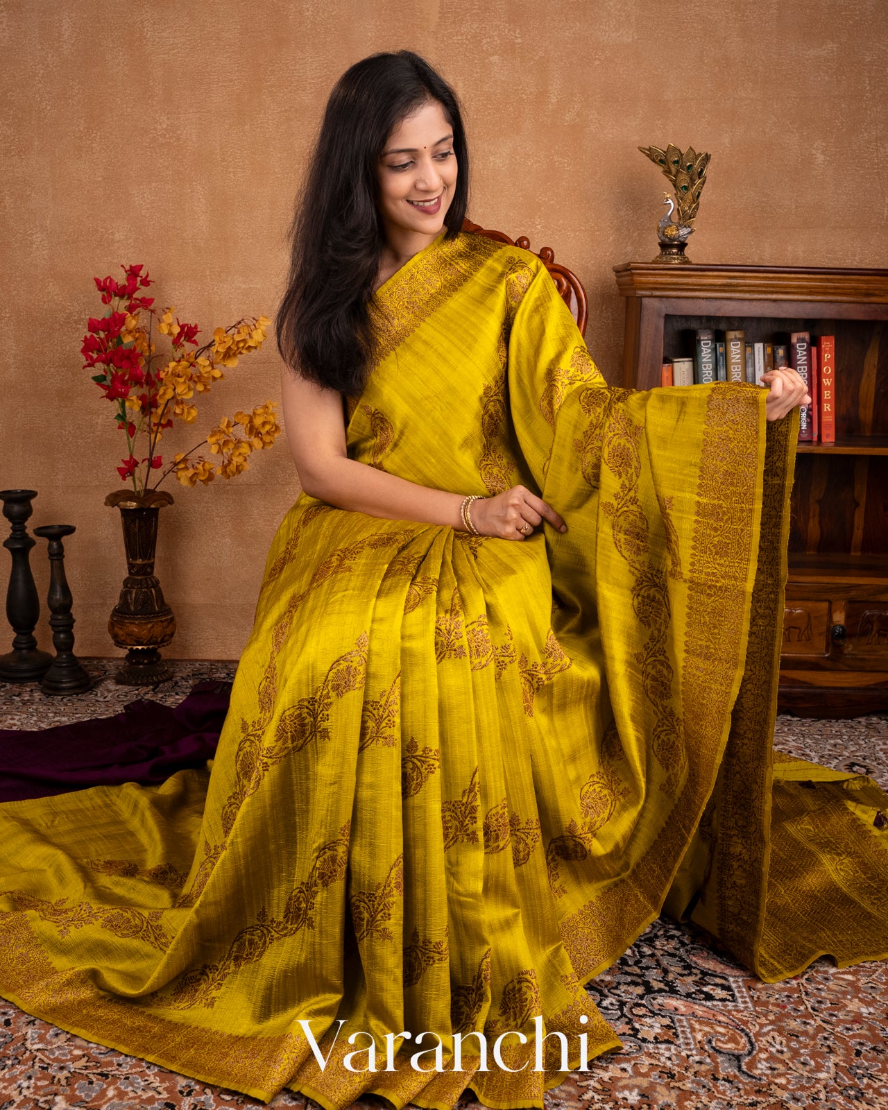 Olive Yellow Lehariya Pure Raw Silk Handloom Saree