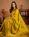 Olive Yellow Lehariya Pure Raw Silk Handloom Saree