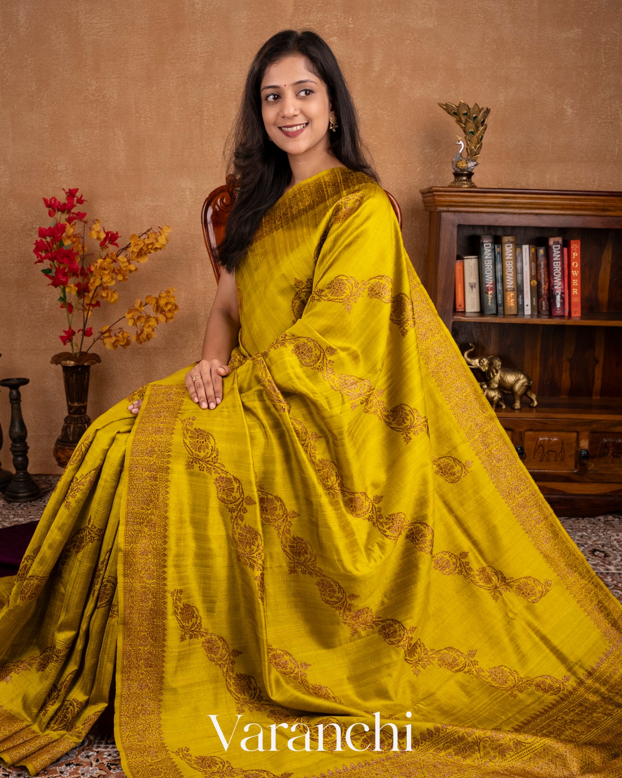 Olive Yellow Lehariya Pure Raw Silk Handloom Saree