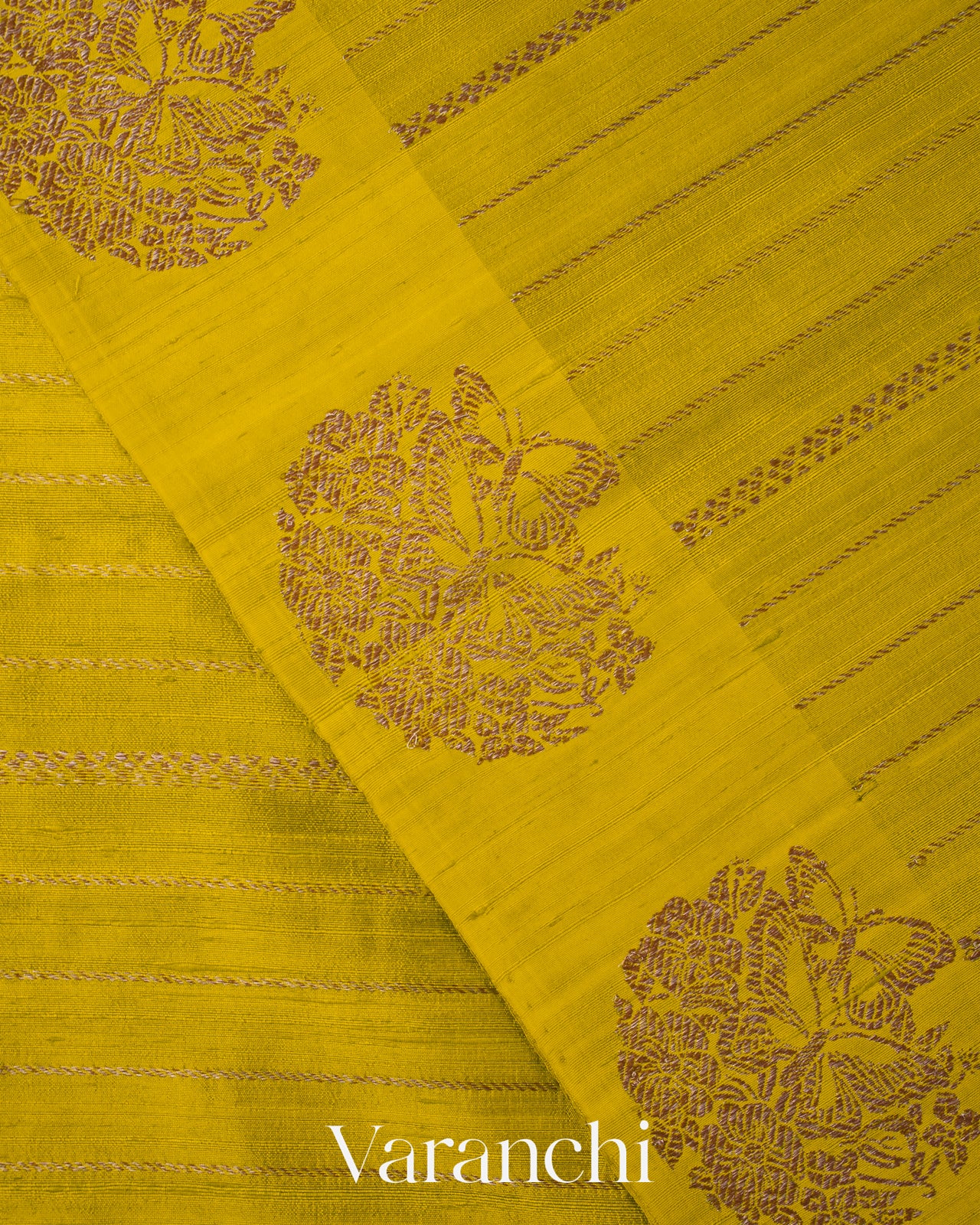 Lime Yellow Striped Pure Raw Silk Handloom Saree