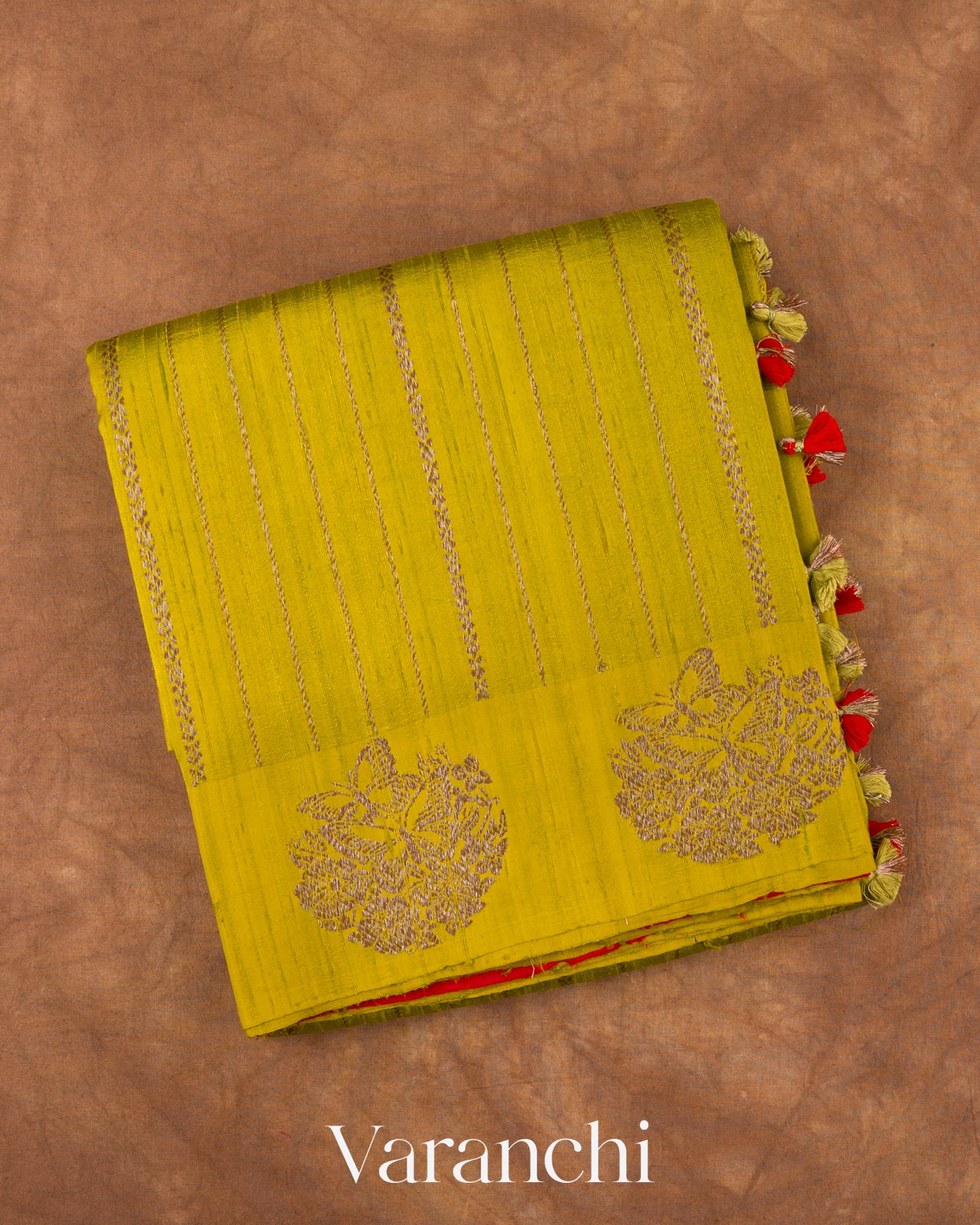 Lime Yellow Striped Pure Raw Silk Handloom Saree