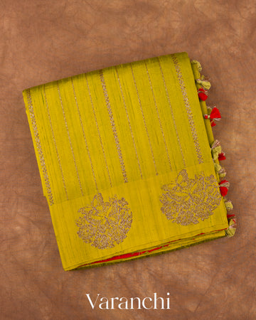 Lime Yellow Striped Pure Raw Silk Handloom Saree