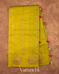 Lime Yellow Striped Pure Raw Silk Handloom Saree