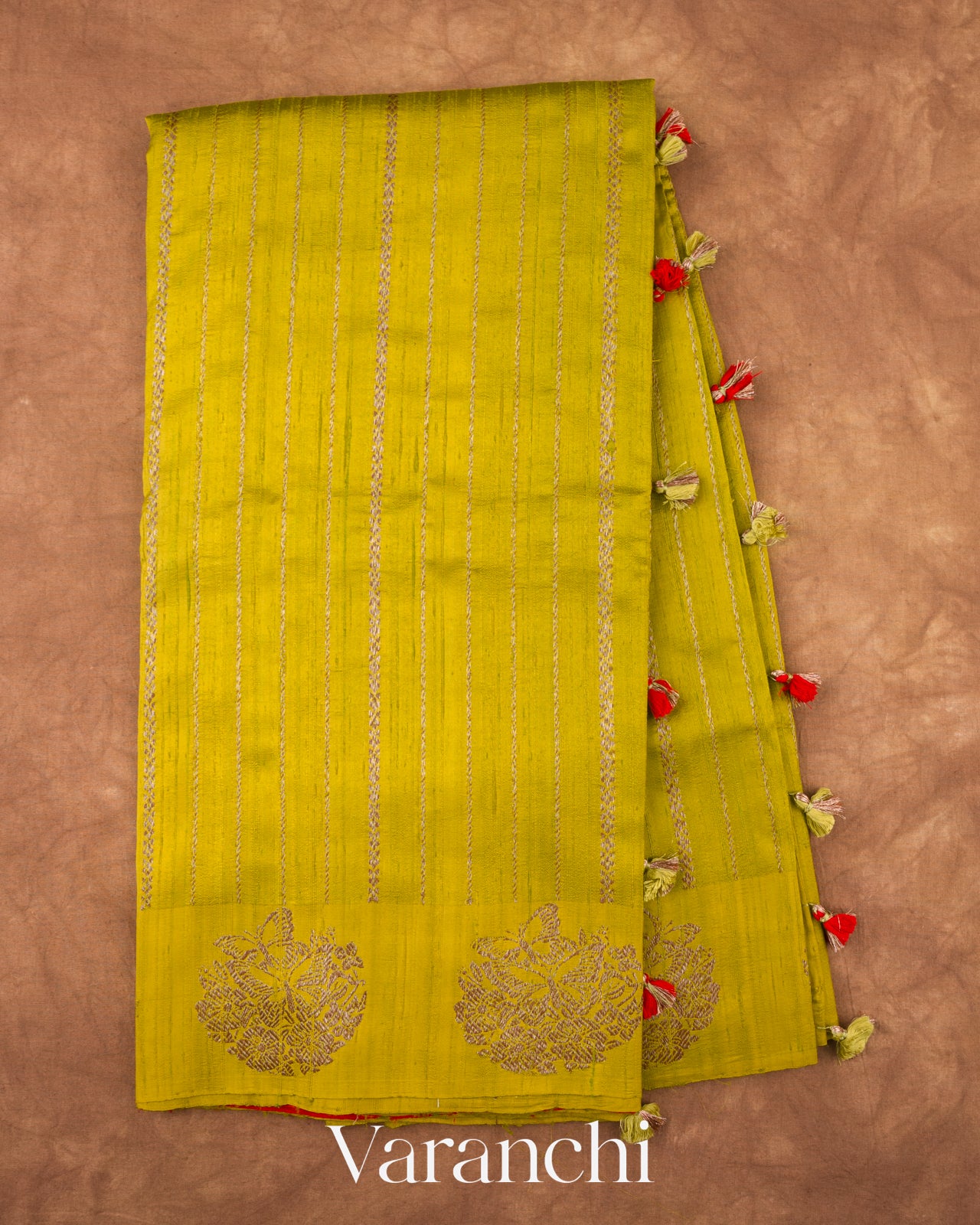 Lime Yellow Striped Pure Raw Silk Handloom Saree