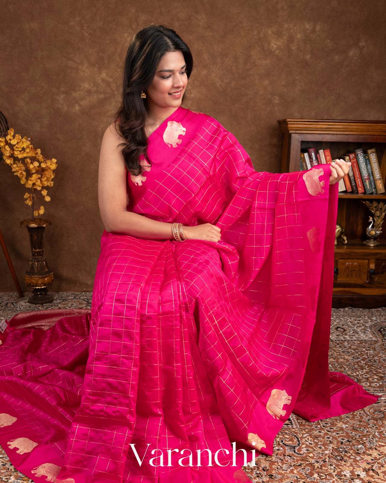 Bright Rani Pink Checks Pure Raw Mango Silk Handloom Saree