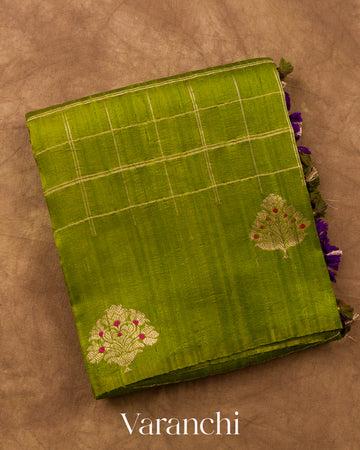 Olive Green Checkered Pure Raw Silk Handloom Saree