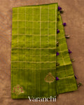 Olive Green Checkered Pure Raw Silk Handloom Saree