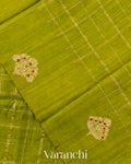 Olive Green Checkered Pure Raw Silk Handloom Saree
