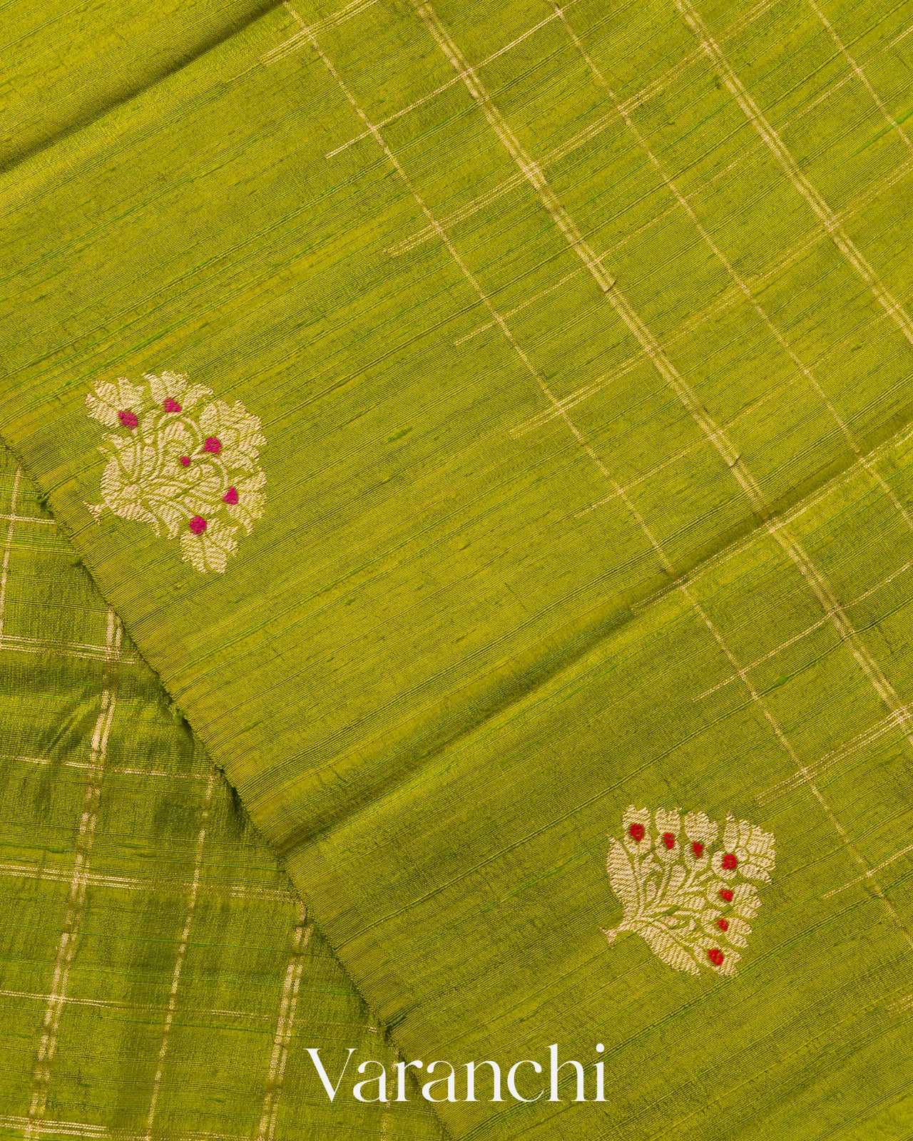 Olive Green Checkered Pure Raw Silk Handloom Saree