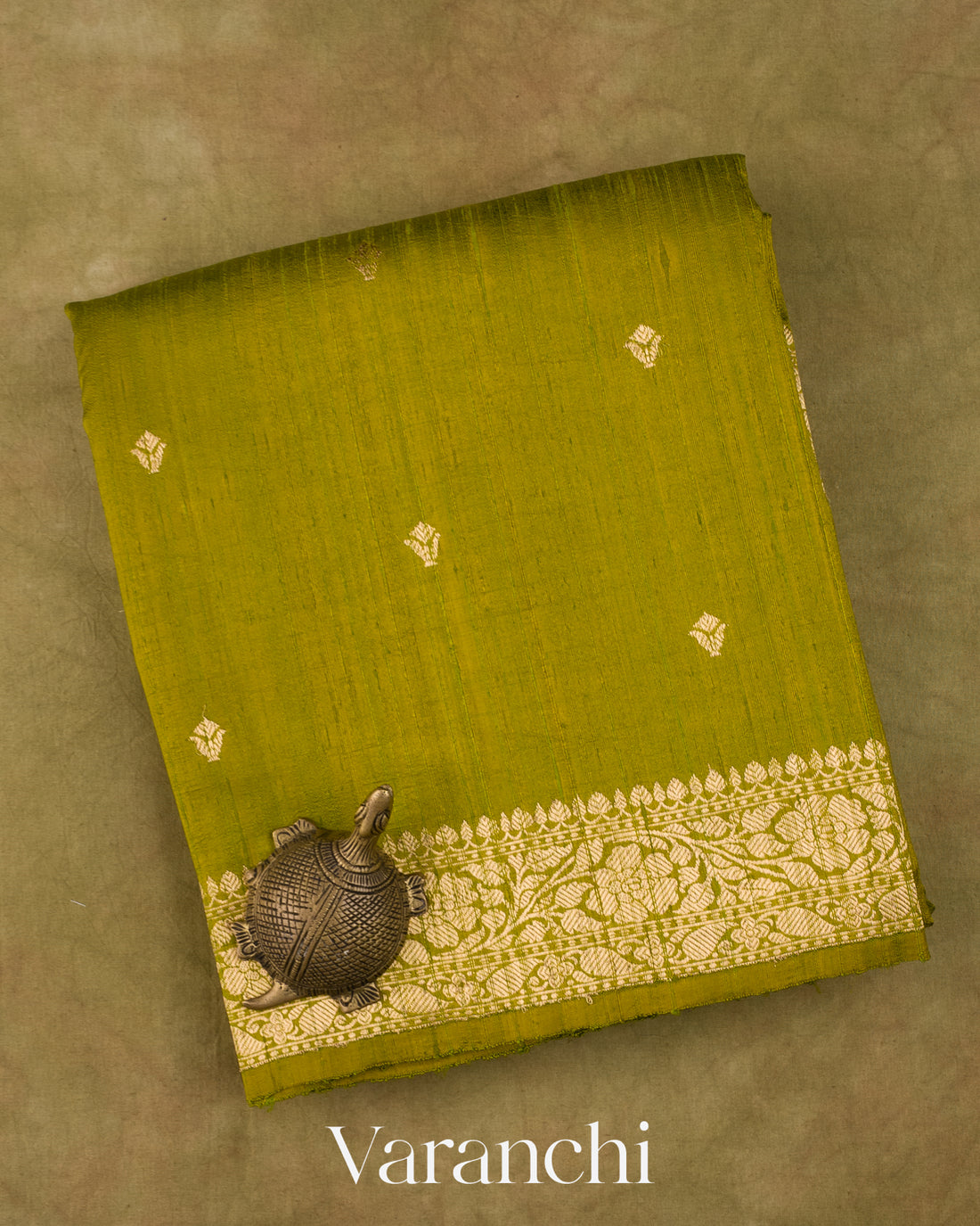Olive Green Pure Raw Silk Handloom Saree