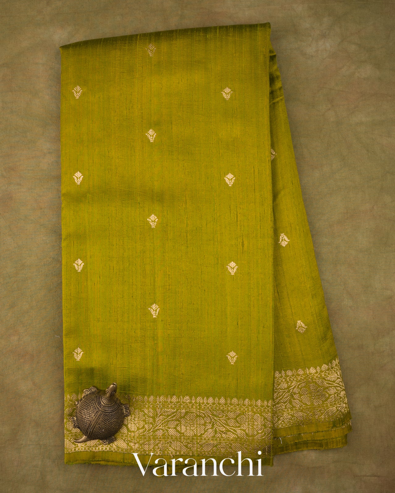 Olive Green Pure Raw Silk Handloom Saree
