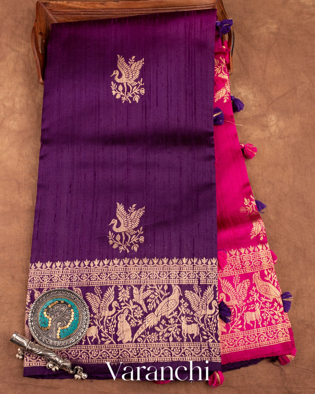 Deep Purple and Rani Pink Ombre-Dyed Raw Silk Handloom Saree